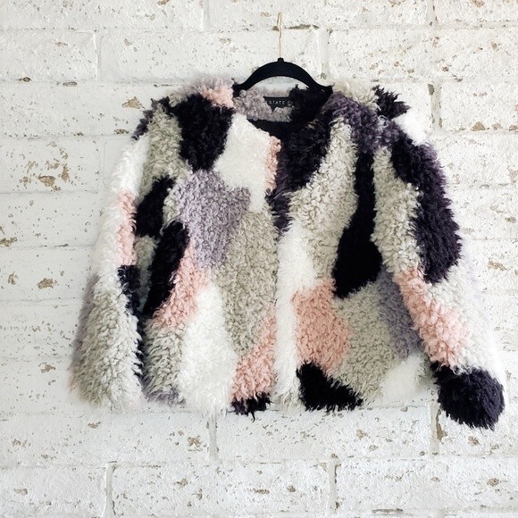 1. State Jackets & Blazers - 1.State Patchwork Cropped Jacket Womens Faux Fur Coat Cozy Fall Funky Jacket SZM